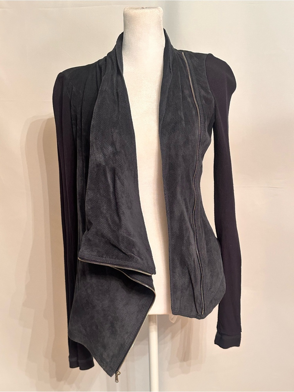 RACHEL Rachel Roy Black Draped Suede & Knit Zip Jacket